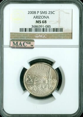 2008 P ARIZONA QUARTER NGC MS68 PQ 2ND FINEST REGISTRY MAC SPOTLESS * - Image 1 of 4