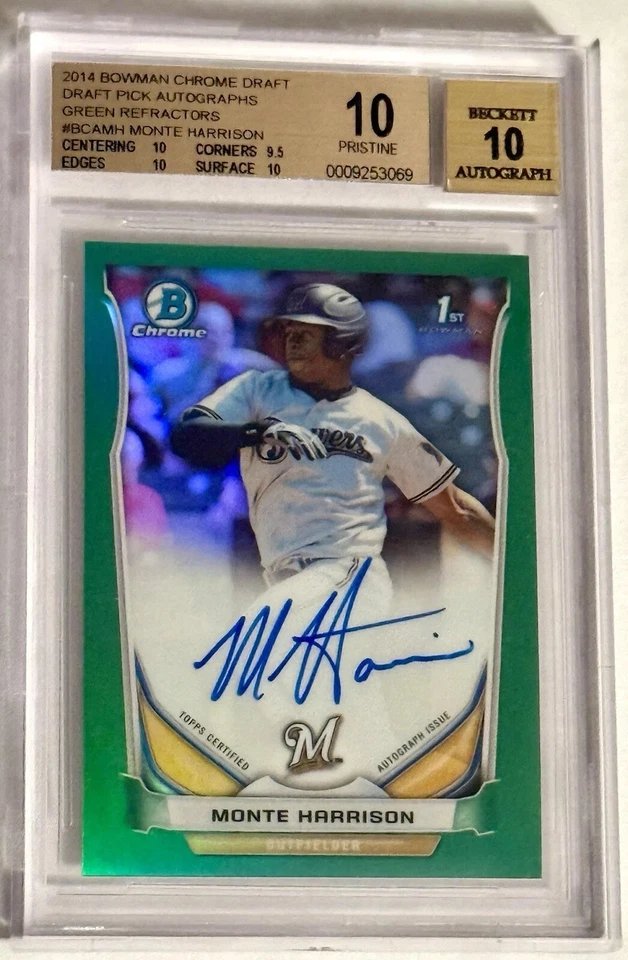 Monte Harrison 2014 Bowman Chrome Green Rookie Auto #32/99 BGS 10/10 Pristine - Image 1 of 2