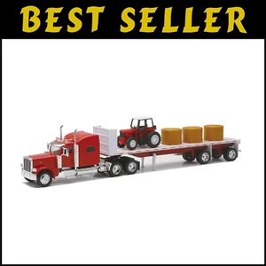 New-Ray 1/32 Red Peterbilt 389 with Flatbed, Hay & Tractor - Playtime Fun - Picture 1 of 2