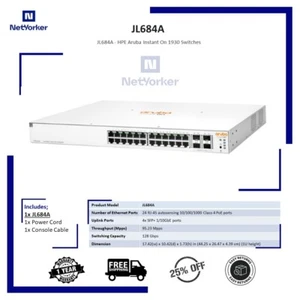 HPE Aruba JL684A 24 Port 4SFP 1G/10G PoE Switch-Same Day Shipping - Picture 1 of 1