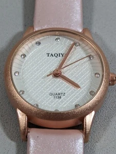 Silver Tone Dial Round Rose Gold Tone Case Pink Faux Leather Band Watch - Picture 1 of 9