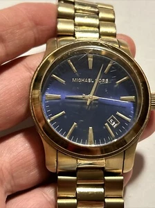 Michael Kors Gold Tone 3 Hand Steel Runway Blue Dial Watch Need Batteries - Picture 1 of 23