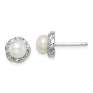 925 Sterling Silver Freshwater Cultured Pearl Diamond Stud Earrings - Picture 1 of 11