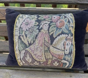 Vintage Needlepoint Pillow Renaissance Chaucer Black Velvet 14x10 Gold Tassels - Picture 1 of 9