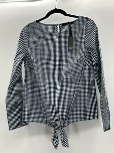 NWT Max Navy Gingham Check Knot Tie Top Blouse Long Sleeve 109% Cotton - Picture 1 of 6