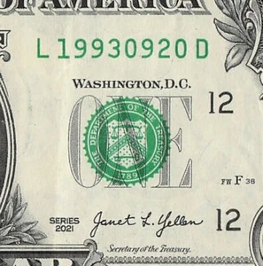 Billete de dólar con fecha de cumpleaños de 20 SEP 1993 número de serie elegante 09 20 1993 - Imagen 1 de 11