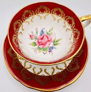 Vintage Aynsley Cup & Saucer Pink Rose Red Heavy Gold Gilt; England Teacup - Picture 1 of 8
