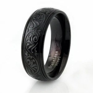 Anillo de alianza de boda de acero inoxidable con diseño floral negro para hombre 8 mm | GRABADO GRATIS - Imagen 1 de 1