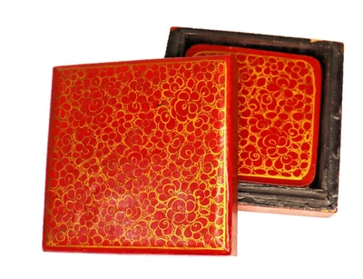 Handcrafted Floral Design Square Shape Paper Mache Kashmiri Art Coaster Set - Image 1 of 3