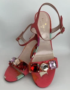 Kate Spade Sandals Womens 8 Ankle Strap Block Heel Ikat Print Jeweled Italy - Picture 1 of 23