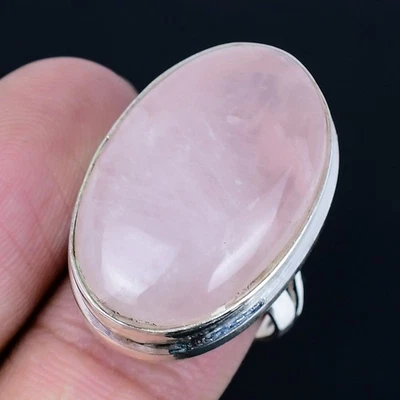 Anillo hecho a mano de cuarzo rosa enchapado en plata 925 talla 7,5 de EE. UU. Foto 1 de 3