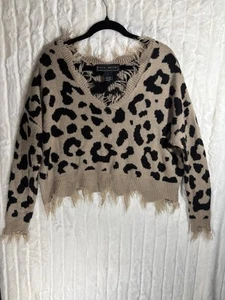 Polly & Esther Animal spring Distressed Fringe V Neck Sweater Small S Cheetah - Picture 1 of 7