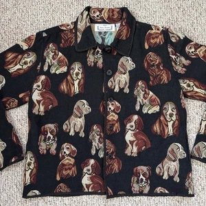 Vintage Sara Studio Black Puppy Dog Cottagecore Woven Tapestry Jacket - Large - Picture 1 of 11
