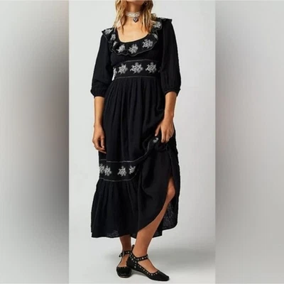 Maxi Vestido Boho Hippie Free People Lovers Lane Gasa Algodón Floral Bordado Foto 1 de 4