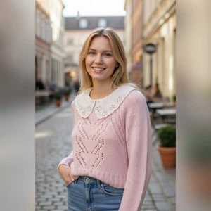 For Love and Lemons Pink Sweater with White Collar Cropped Cottagecore Size L - Picture 1 of 5