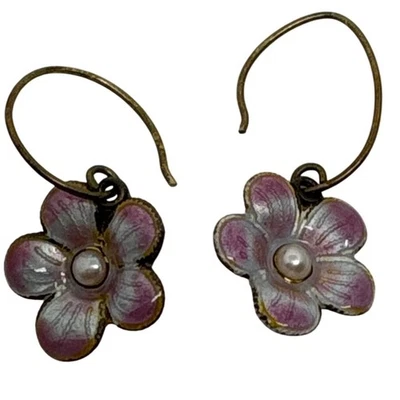 Enamel Cloisonne Pansy Flower Dangle Earrings Pearl Center, Floral Drop Earrings - Image 1 of 4