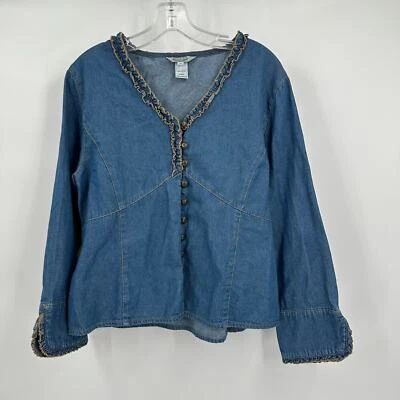 Vintage Stonebridge Feminino Top Tamanho 14 Denim Ruffle Festival Western Cowgirl - Imagem 1 de 4