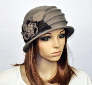 M92 Khaki Wool Acrylic Cute Flowers Winter Brim Hat Cap Beanie Cloche Women's - Picture 1 of 4