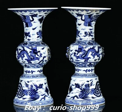 Par de jarrones botella flor pájaro fénix largo dragón porcelana blanco azul xuande 13" Foto 1 de 4