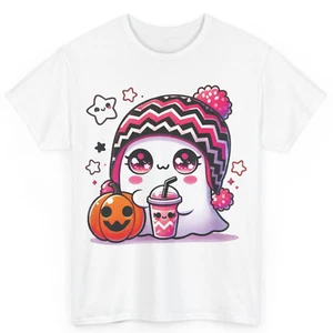 Cute Ghost Pink Halloween Fall Lover Gift Tee Unisex Cotton T-Shirt - Picture 1 of 6