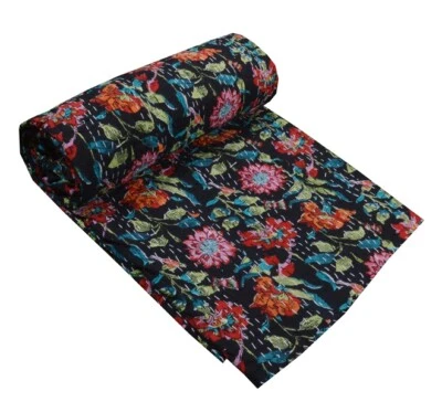 Art Kantha Twin Quilt Floral Print Reversible Blanket Cotton Bohemian Throw - Image 1 of 4
