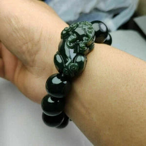Certified Genuine Natural Dark Green Hetian Jade Bead Pixiu Bangle Bracelet - Picture 1 of 6