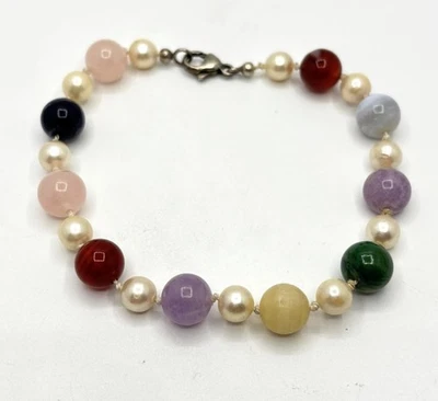 10mm Multi Gemstone Ball Bead Pearl Bracelet 9.5" - Image 1 of 4