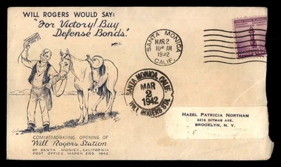 Mayfairstamps EE. UU. 1942 Santa Mónica CA Will Rogers Estación Cubierta de apertura aau_8107 Foto 1 de 2