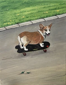 ORIGINAL PAINTING Ryta Pembroke Welsh Corgi Portrait Spring Skateboard Dog Art - Picture 1 of 1