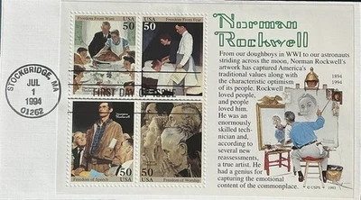 Fleetwood 2840 Norman Rockwell Souvenir Sheet Four Freedoms Official FDC - Image 1 of 2