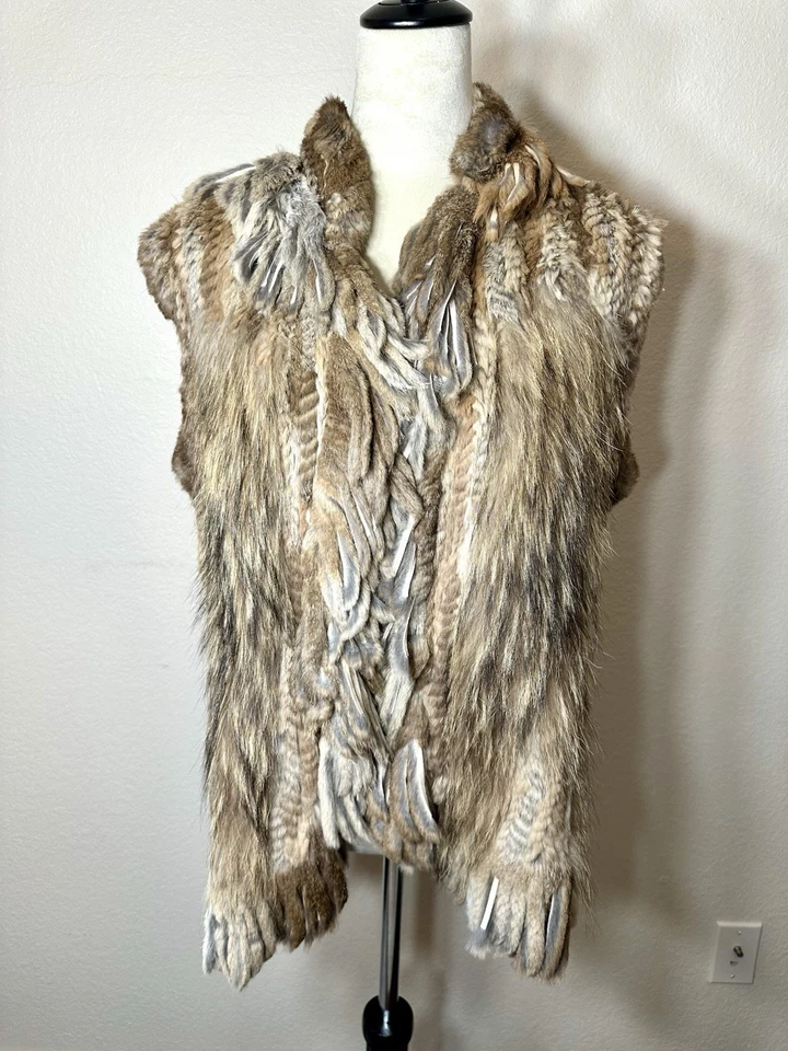 Women's Niiersengi Brown Woven Rabbit Fur Raccoon Trim Vest Gilet Size L - Image 1 of 4