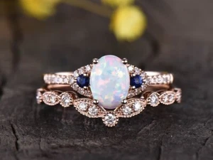 3Ct Oval Cut Fire Opal & Diamond Bridal Wedding Ring Set 14K Rose Gold Plated - Picture 1 of 10