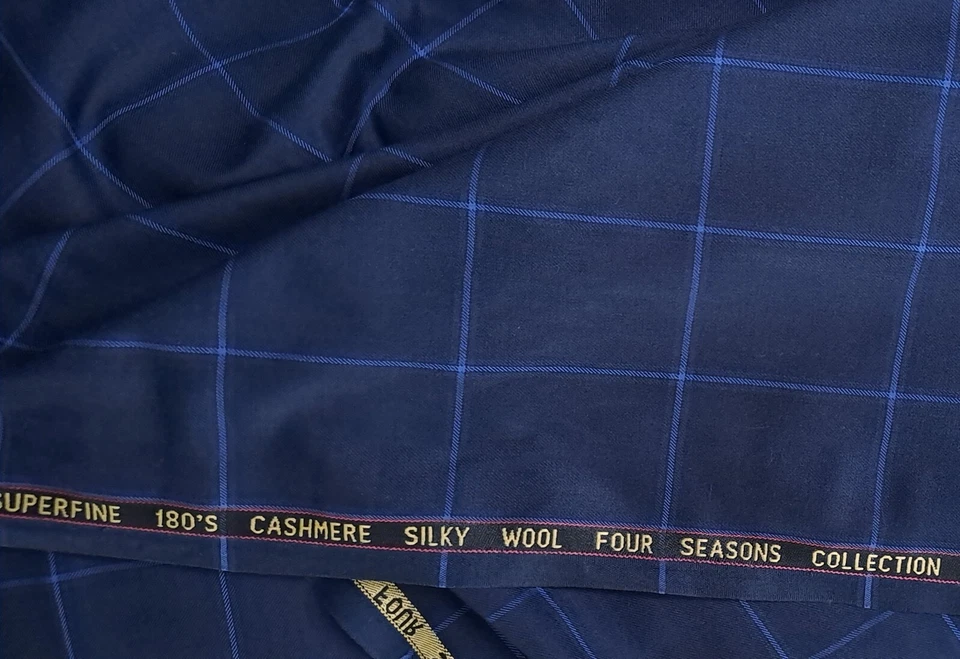 Blue Windowpane box Check Bold Suiting Fabric Super 180s Quality Wool Fabric - Image 1 of 1