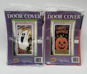 Lote de 2 cubiertas de puerta de Halloween Fun World 60” x 30” Ghost Cat Jack-O-Lantern de colección - Imagen 1 de 3
