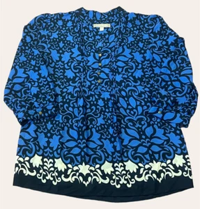Banana Republic Top Womens XS Popover Blouse Floral Riviera Blue 3/4 sleeve - Picture 1 of 8
