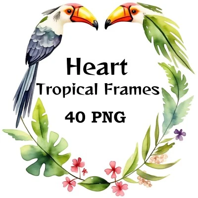 Tropical Heart Frame PNG Clipart Romantic Tropical Borders Digital Download - Image 1 of 4