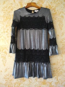 GB Girls Black Lace Gray Long Sleeve Dress Size L Metallic Lined Pleated - Picture 1 of 11
