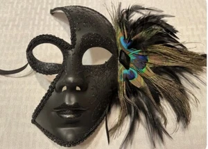 Sexy Cut Black Venetian Masquerade Eye Mask with Peacock Feather - Picture 1 of 4