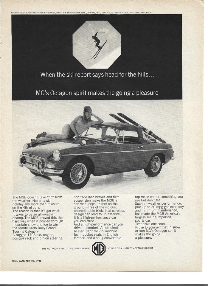 Anuncio impreso original 1966 MG MGB vintage: "Cuando el informe de esquí dice cabeza para..." Foto 1 de 1