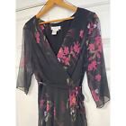 Coldwater Creek Silk Black Floral Print Sheer Faux Wrap Dress 14P