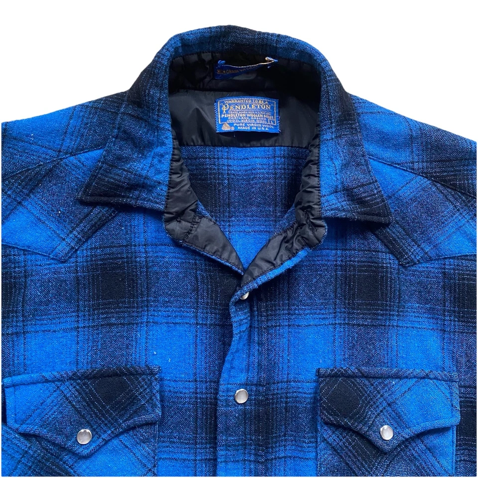 Vintage Pendleton Blue Shadow Plaid High Grade Western Shirt Snap 70s Large Wool - Image 1 of 4