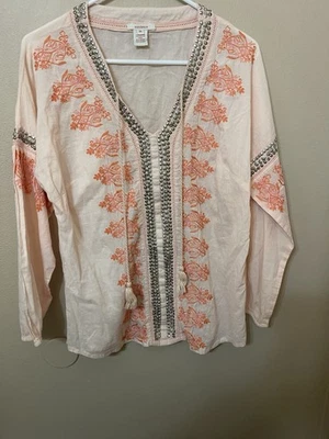 Sundance Just Peachy Embroidery Embellished Top Womens Size Medium Flowy Boho - Image 1 of 3