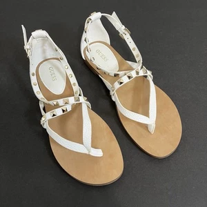 Guess Sandals Women’s Size 6.5 Nizana White Rivited Strappy Thong Flats - Picture 1 of 17