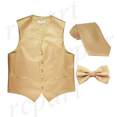 New Men's Solid Tuxedo Vest Waistcoat Necktie & Bowtie Set Party Formal Beige - Image 1 of 4