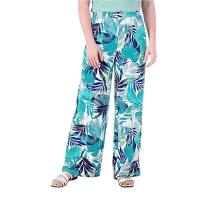 Denim & Co. Beach Jersey Petite Wide Leg Full Length Pant Aqua Palm XLP A593005 - Picture 1 of 9