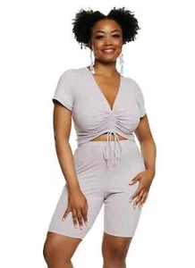 Haute Monde 2Pc Set Ruched Tee And Biker Shorts Lavender Women's Plus Size 3XL - Picture 1 of 4
