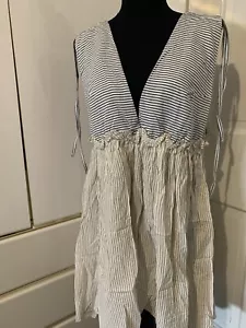 NSR Women Brown and White Striped Smocked Short Dress L Brand New With Tags - Picture 1 of 8