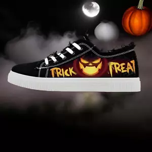 Women Halloween Canvas Shoes "Trick or Treat" -Womens -Blk/Orange Low Top- New! - Picture 1 of 5