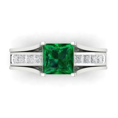 3.4ct Princess Cut Simulated Emerald Engagement Wedding Ring set 14k White Gold - Image 1 of 4