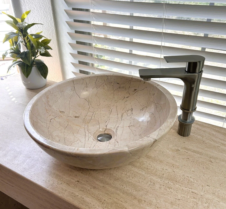 Hermoso fregadero de travertino de mármol estilo moderno hecho a mano, fregadero redondo de mármol Foto 1 de 4